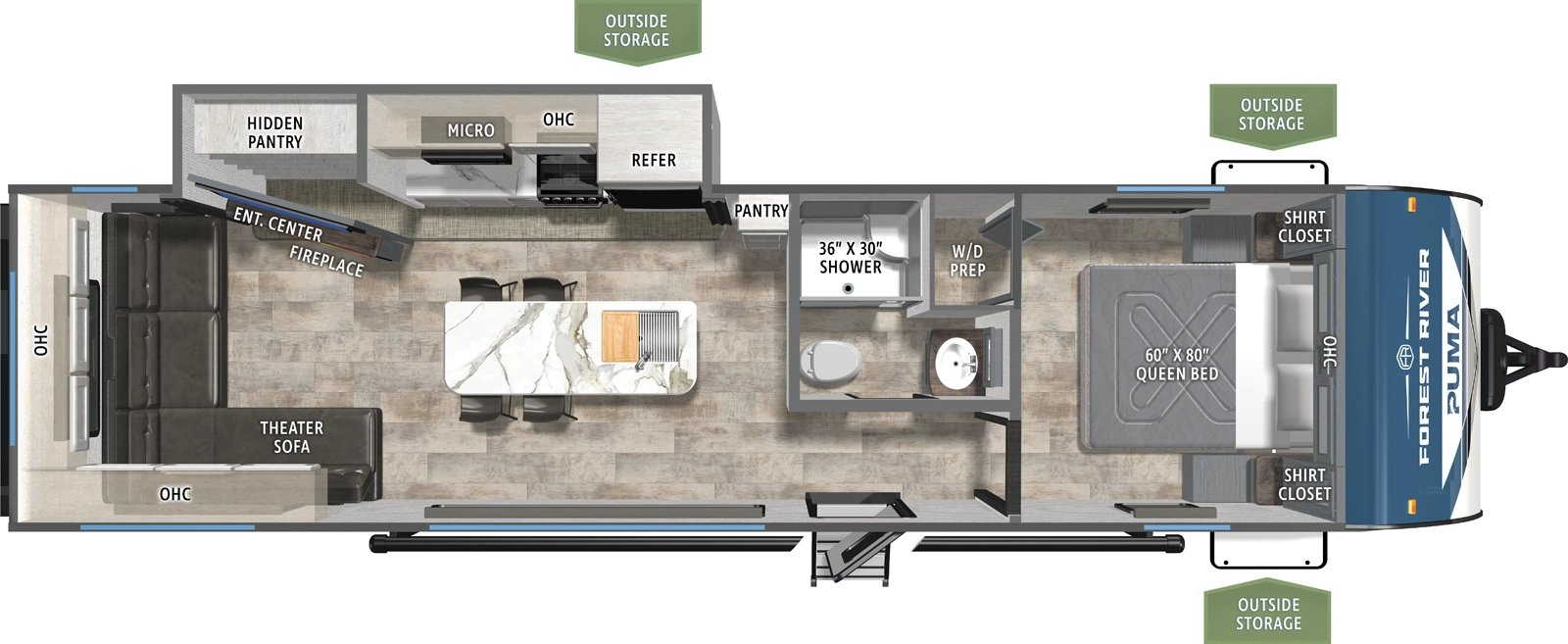The Puma 290RL floorplan has one entry and one slide out. Exterior features include: metal exterior and 21' awning. Interiors features include: kitchen island, front bedroom and rear living.